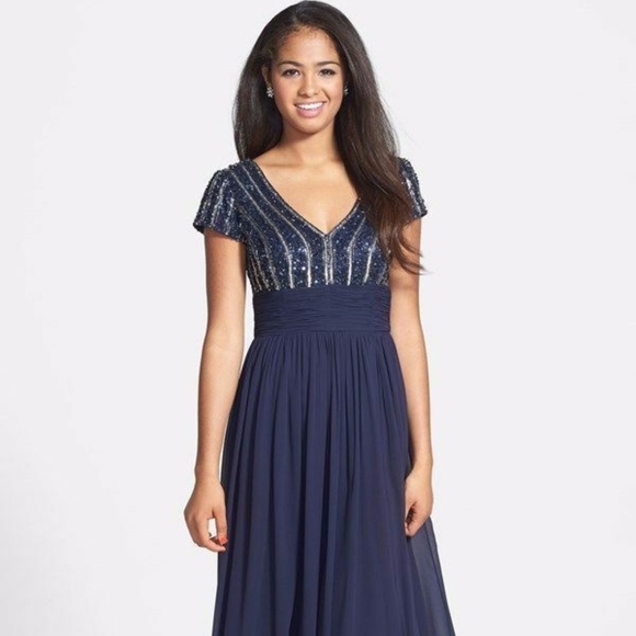 NWT JS Collections Embellished Chiffon Gown Navy‎ Blue [SZ 2 ] - Picture 4 of 10
